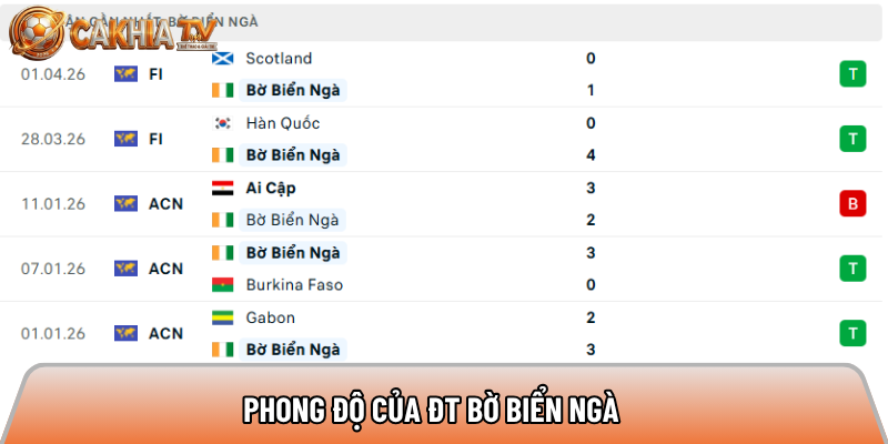 Phong độ của ĐT Bờ Biển Ngà 